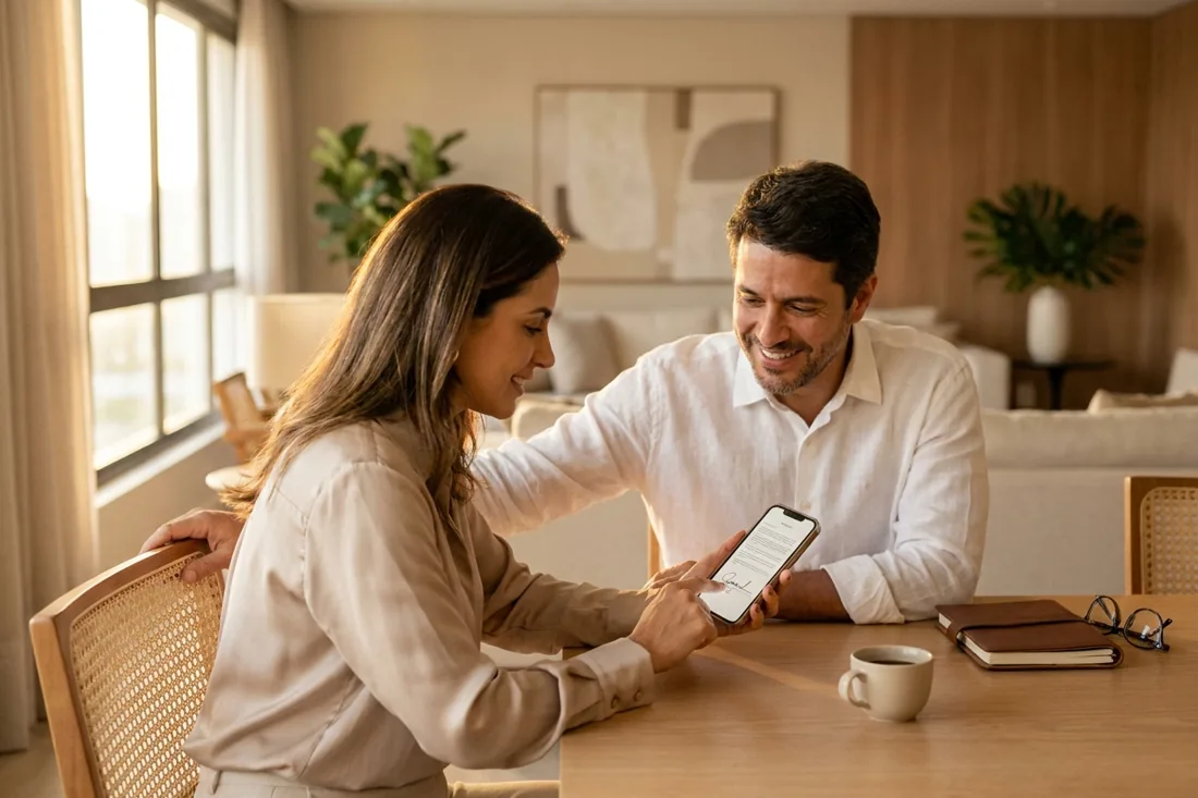 Casal assinando o contrato do imóvel pelo celular, sentado à mesa de casa