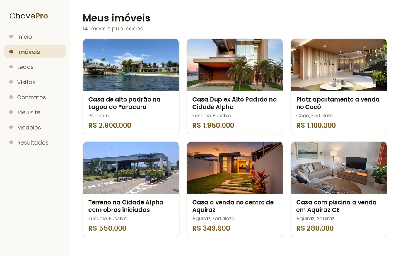 Painel do ChavePro no computador, com a lista de imóveis do corretor