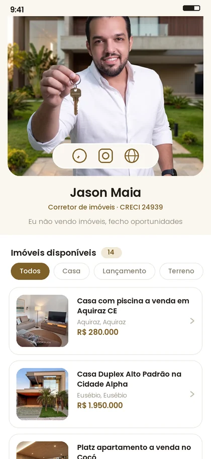 Site do corretor no celular, com a lista de imóveis e os preços